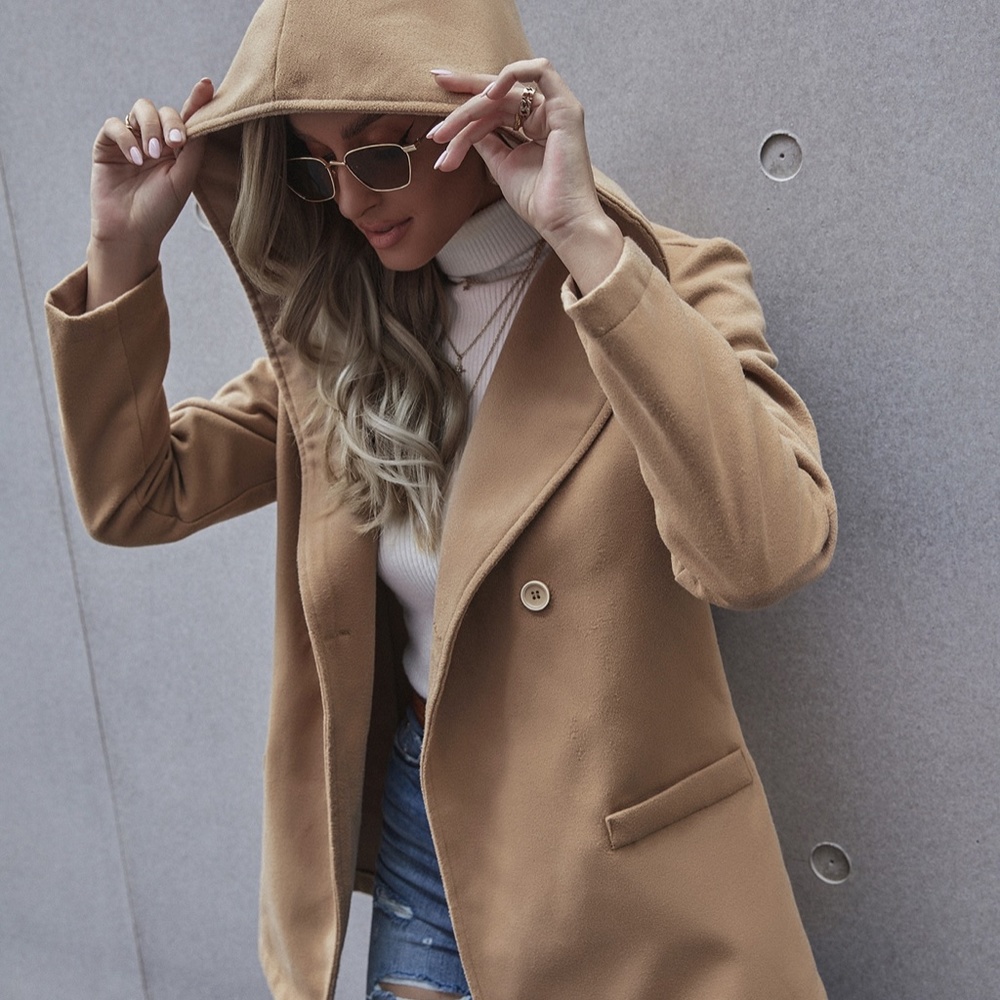 Khaki hoodie Button Pea Coat Jacket Minimalist - Picture 6 of 12